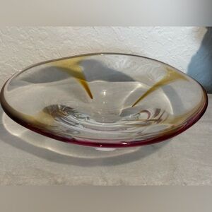 beautiful possible mid century hand blown plate/bowl with a plum color rim